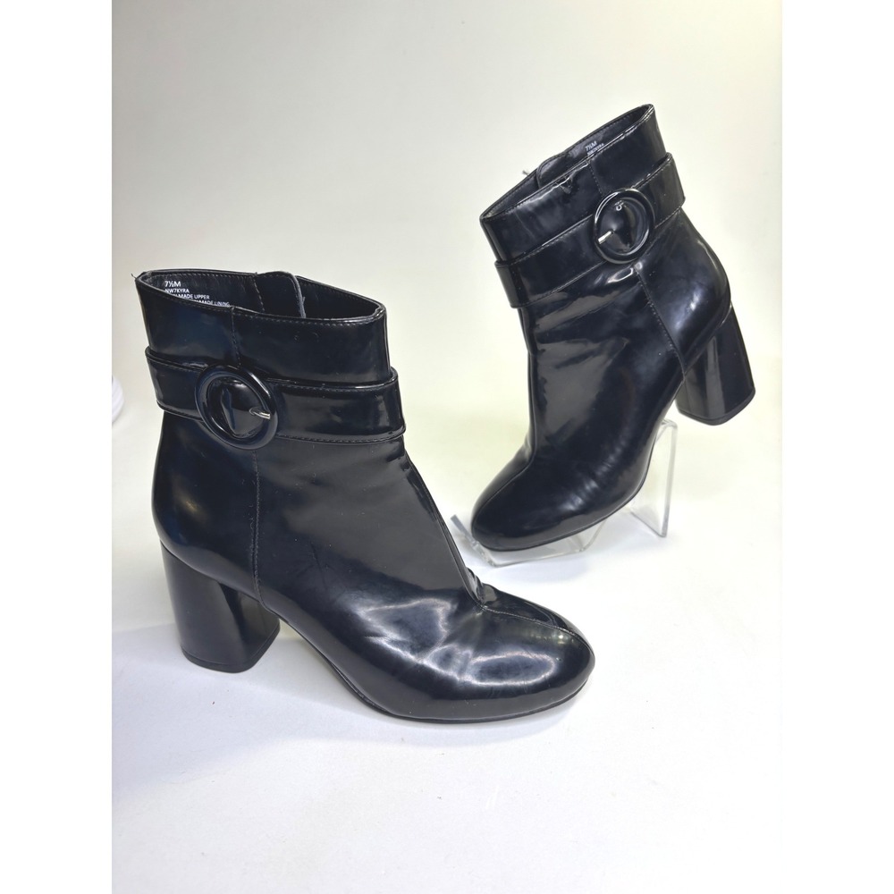 Nine West Kyra Black Patent Buckle Ankle Boots Block Heel Womens 7.5M